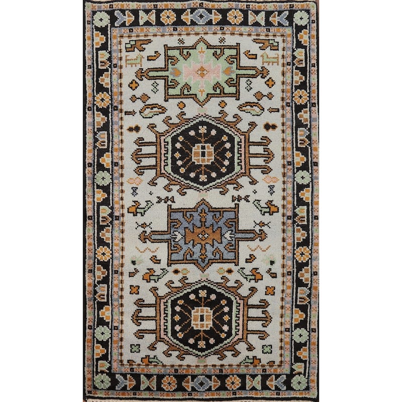 Hand Knotted Oriental 100% Wool Carpet Transitional Geometric Greys & Charcoal Khotan Area Rug - 5' 1'' X 3' 0''
