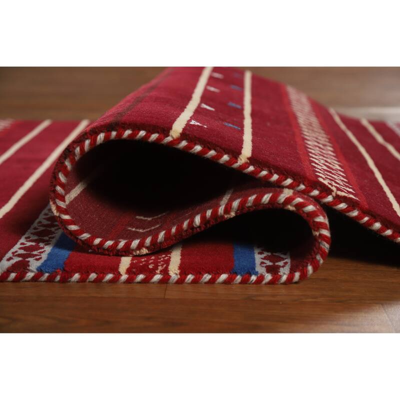 Striped Red Gabbeh Indian Runner Rug Hand-Knotted Wool Carpet - 2'7" x 7'8"