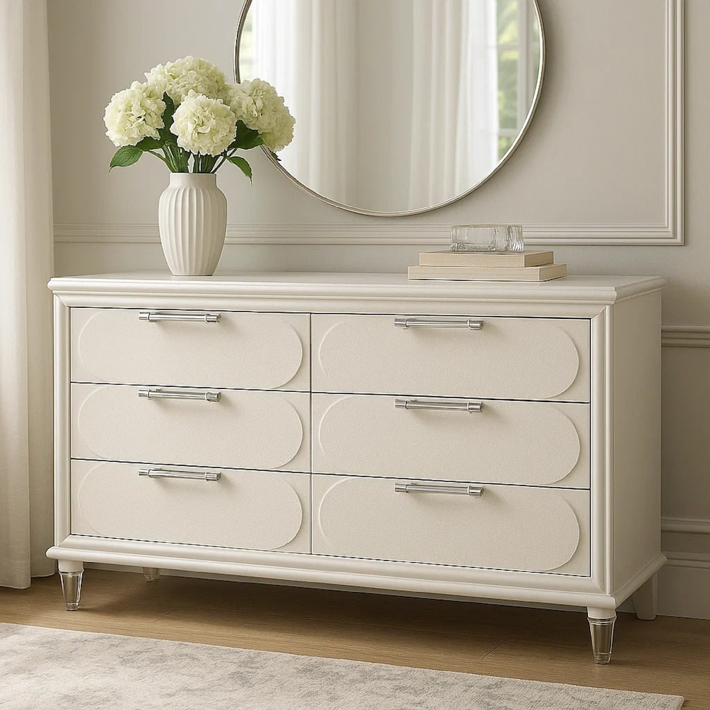 Dima 6 Drawer Wide Dresser, Pearl White Solid Wood with Acrylic Hardware