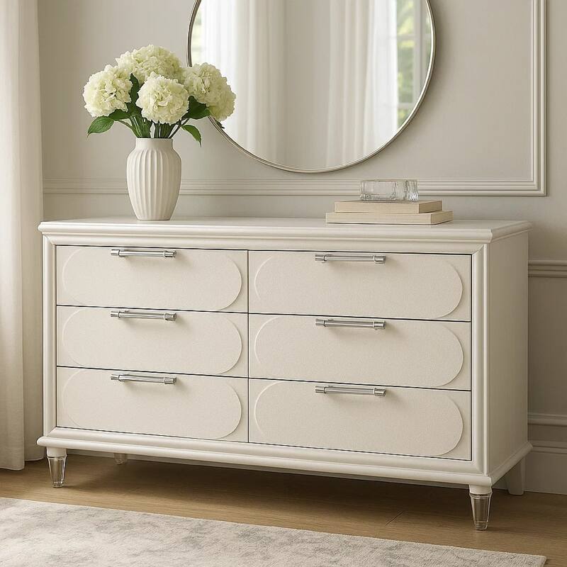 Dima 6 Drawer Wide Dresser, Pearl White Solid Wood with Acrylic Hardware