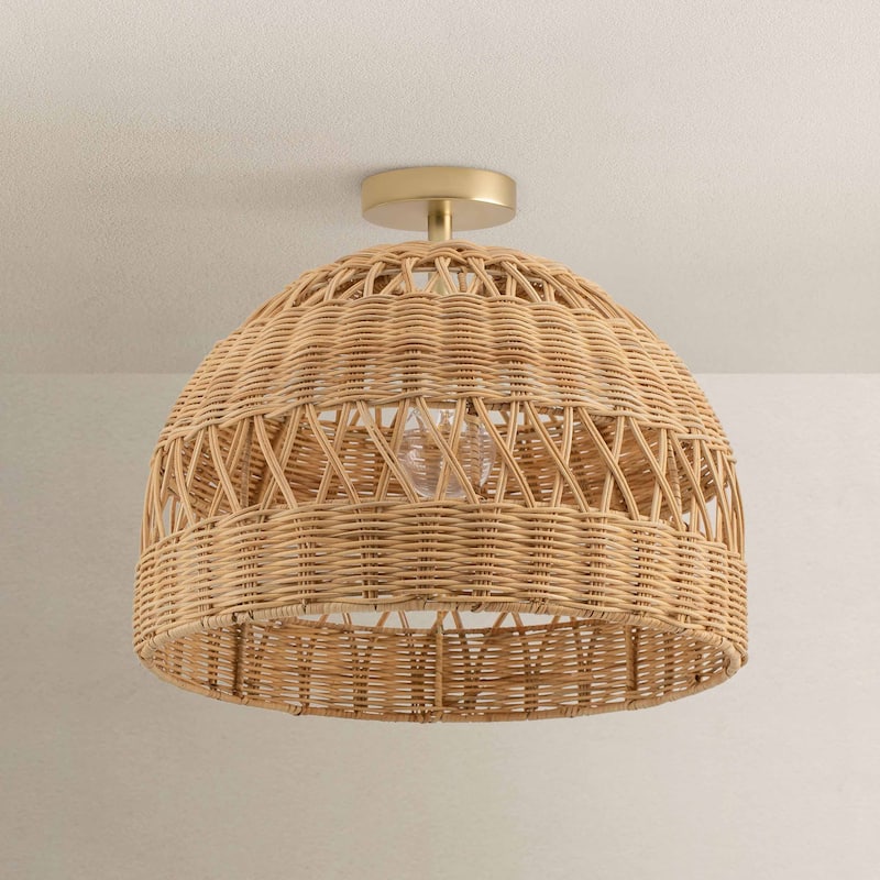 Radiant Rattan Flush Mount Rattan Natural 1-Light Handwoven Ceiling Light for Bedroom or Living Room in Farmhouse, Country Style
