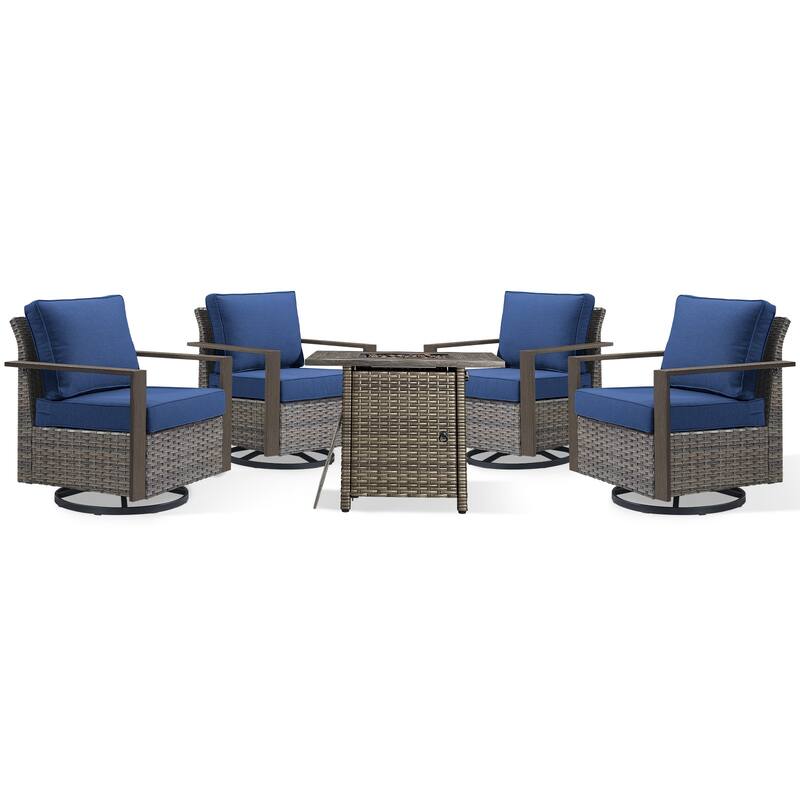 Meyreso 5-Piece Wicker Swivel Glider Fire Pit Set with Plush 4.5" Olefin Cushions