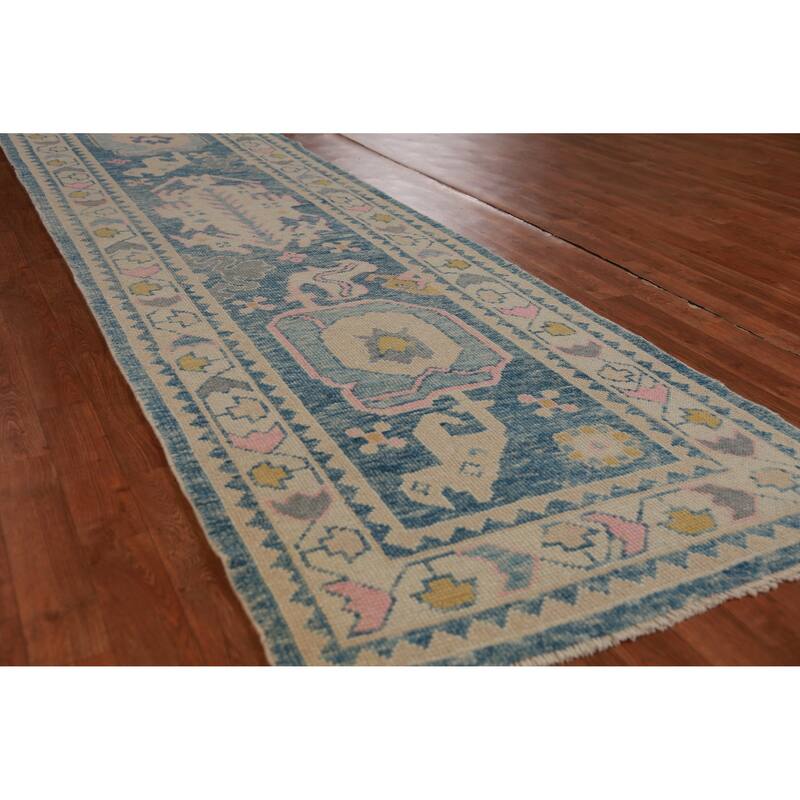 Hand Knotted Oriental 100% Wool Carpet Transitional Geometric Navy Blue & Blues Oushak Runner Rug - 13' 10'' X 3' 2''