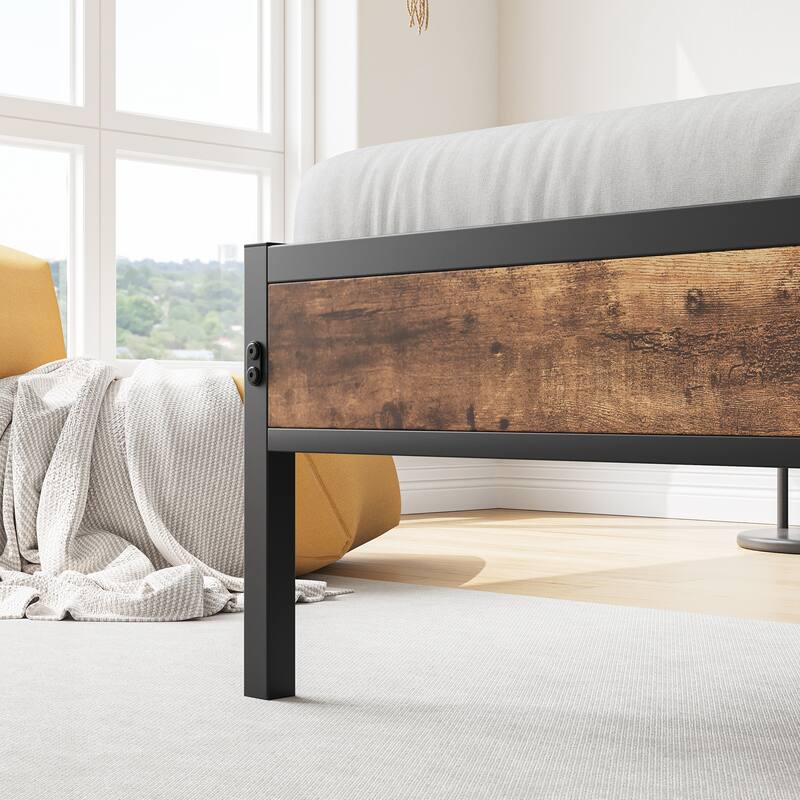Anmytek Full Size Bed Frame with Headboard and Charging Station Industrial Rustic