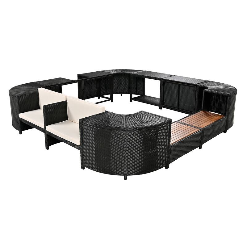 Outdoor Rattan Spa Frame Conversation Sofa Set with Storage & Wooden Bench