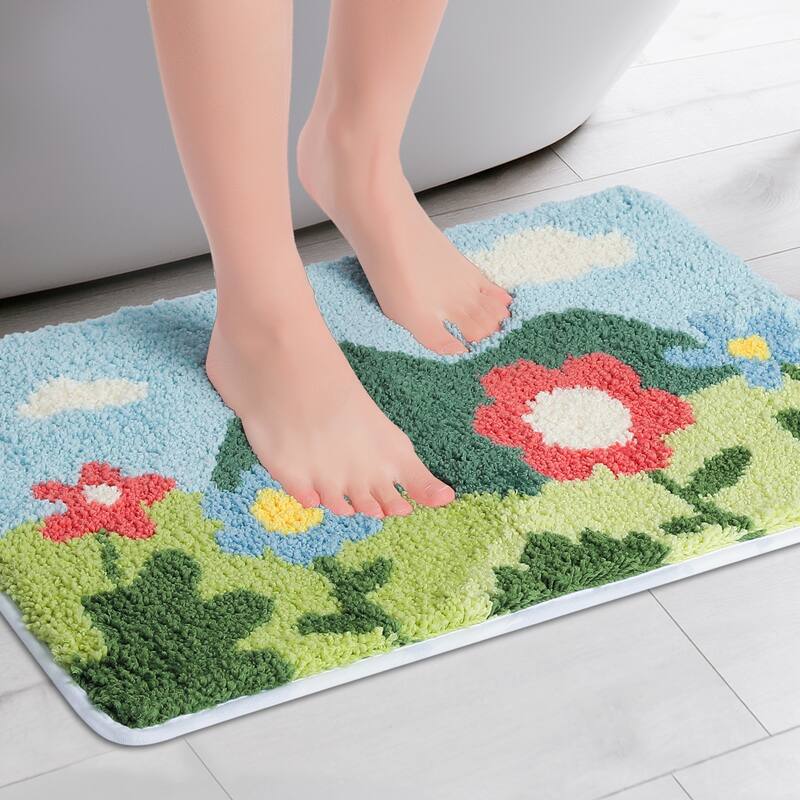 Soft Bath Rugs, Non-Slip Bathroom Rug Botanical Pattern Bath Mat Water Absorbent Thick Shaggy Floor Mat - Flowers