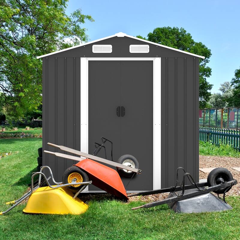 Large Outdoor Storage Shed Galvanized Iron Black with Slanted Roof and Double Sliding Doors - 77.36” x 51.57” x 73.82”