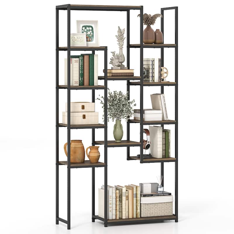 Gymax 2PCS Tall Bookshelf w/12 Open Shelves Anti-tip Kit for Living