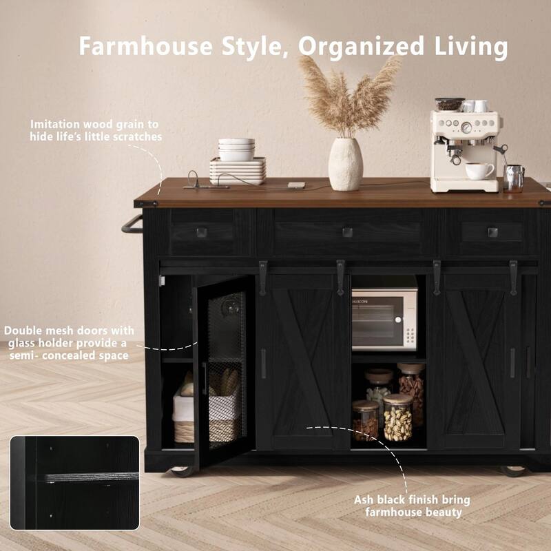 58-inch Farmhouse Kitchen Island with Storage, Sliding Barn Door & Metal Grid Side Door
