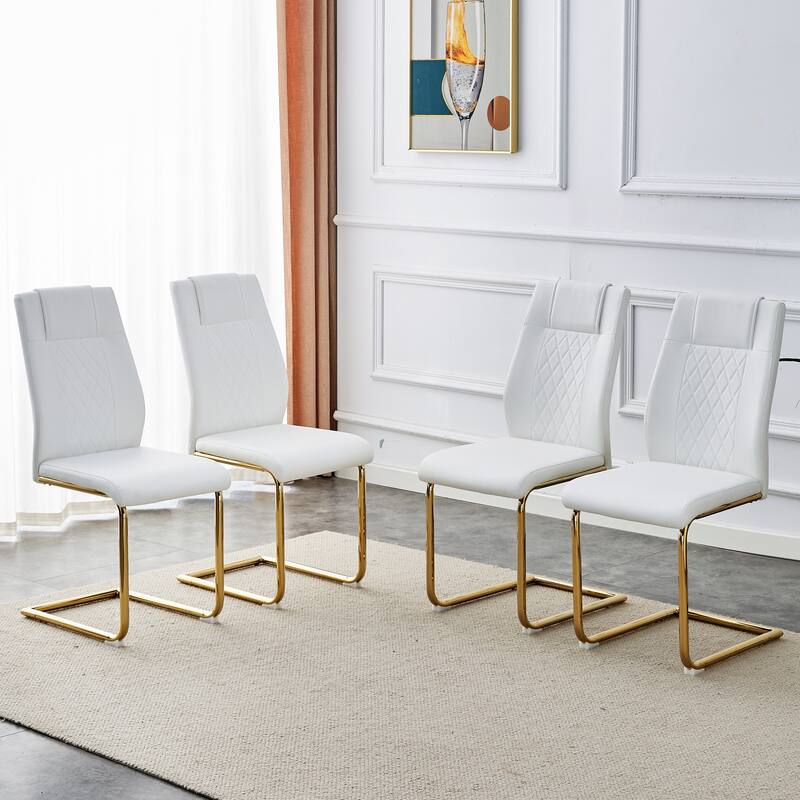 Faux Leather Dining Room Chairs with Upholstered Seat, Modern Kicthen Chairs Armless Accent Chairs with Metal Legs, Set of 4 - White Gold