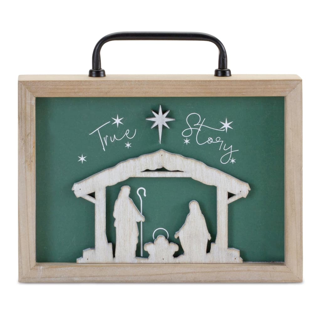 True Story Nativity Christmas Plaque with Handle - 9.5 - Green and White