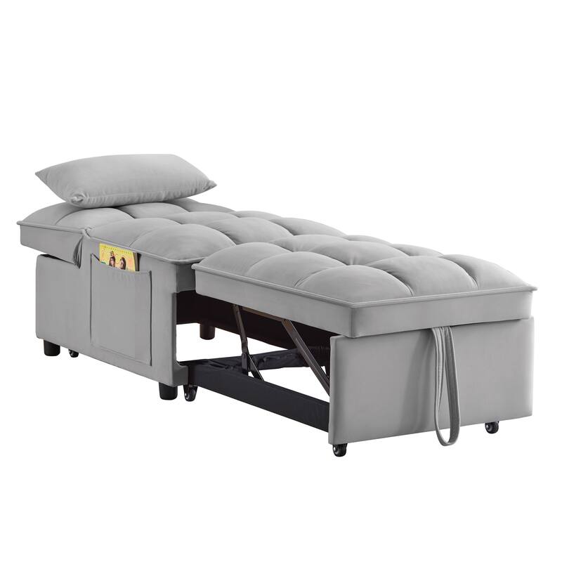 Velvet Multi-Function Chair Bed with Adjustable Backrest, Storage Pockets and Convertible Chaise Design