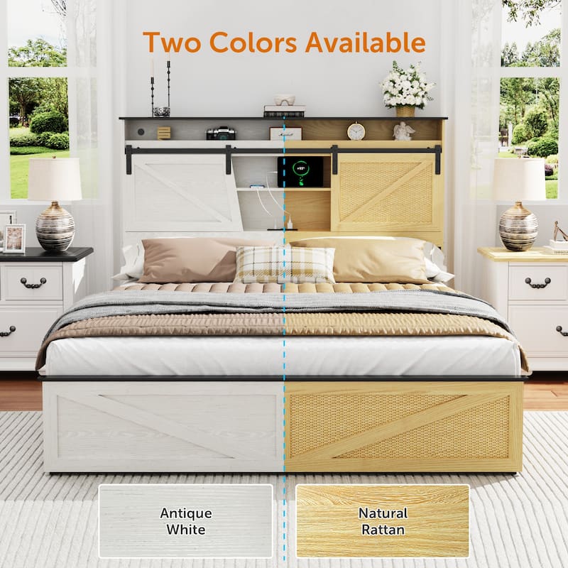 Farmhouse Storage Bed Frame with Storage Headboard, Charging Station and LED Lights, Optional Platform Bed with Drawers