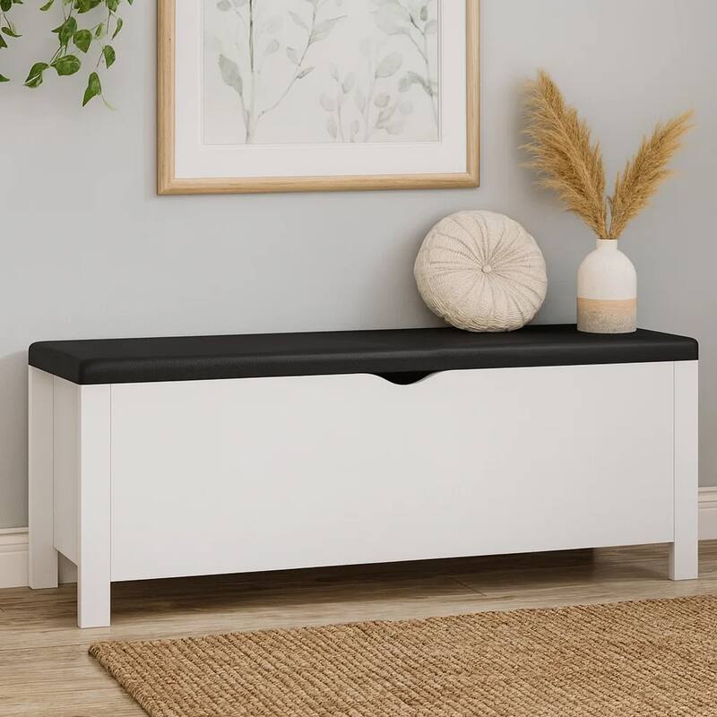 Storage Box Bench w Seat Cushion, White Wood, 41 Inch Black Faux Leather