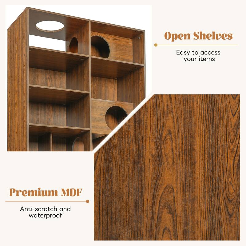 Anmytek 2-in-1 Bookshelf Cat Tree with Cat Holes and Shelves Walnut Mid-Century Pet Furniture