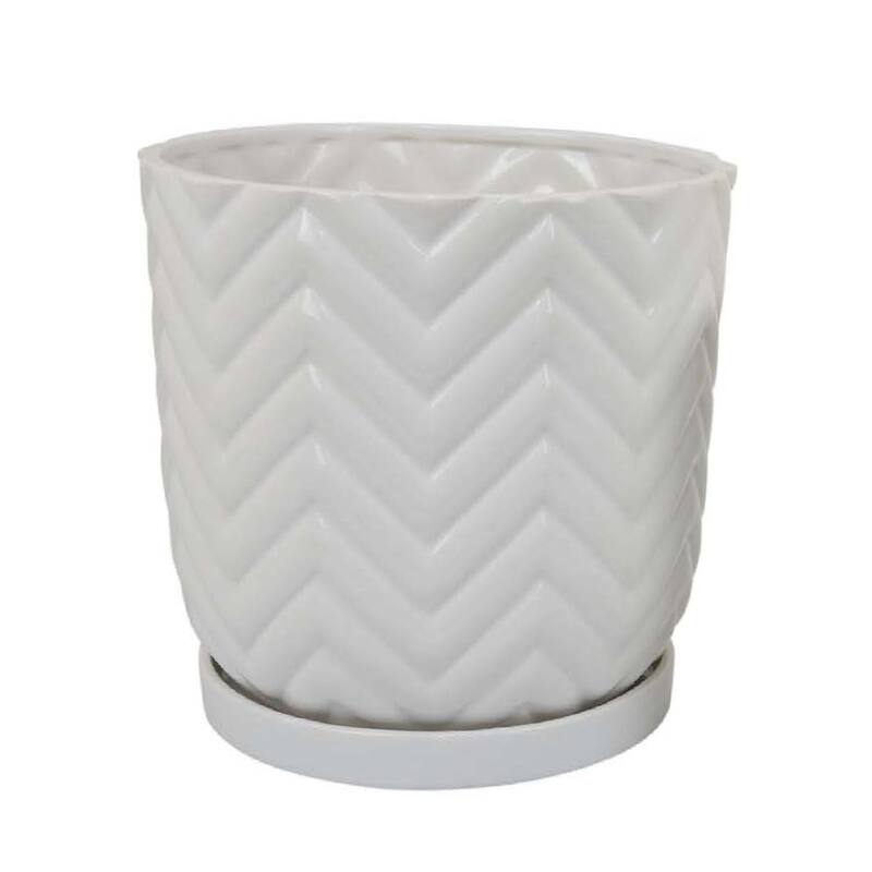 2 Pack White Glossy Wave Texture Plant Ceramic Planter with Saucers