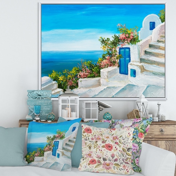 Designart 'House Near The Sea Colorful Flowers IV' Nautical & Coastal Framed Canvas Wall Art Print. Opens flyout.