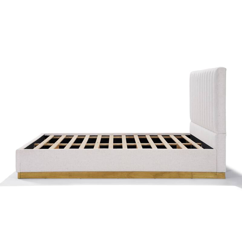 Beige Platform Bed Frame Stripe Linen Thick Upholstered Headboard Footboard, Solid Wooden Base Frame
