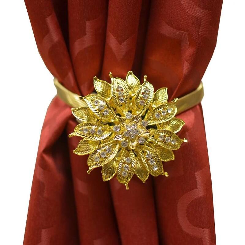 Yule Single Bling Diamond Floral Design Curtain Holdback Magnetic Clip Drapery Tieback - Gold