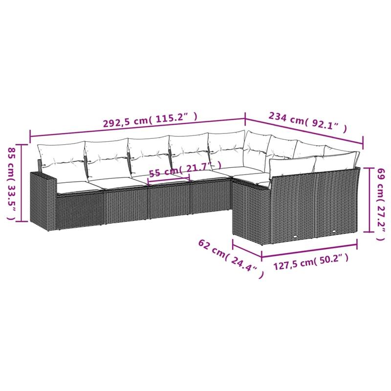 vidaXL 9/10 Piece Patio Sofa Set with Cushions Black Poly Rattan - 24.4" x 24.4" x 27.2"