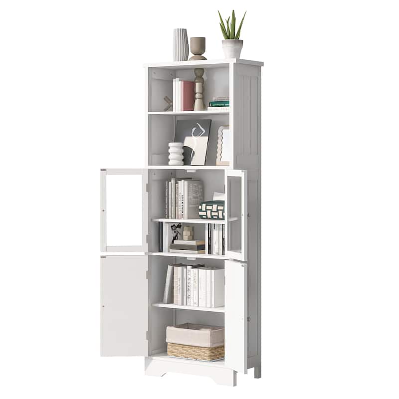 4-Door Bathroom Storage Cabinet 64" High Bathroom Floor-to-ceiling Cabinet Towel Cabinet with Open Storage Rack Glass Door