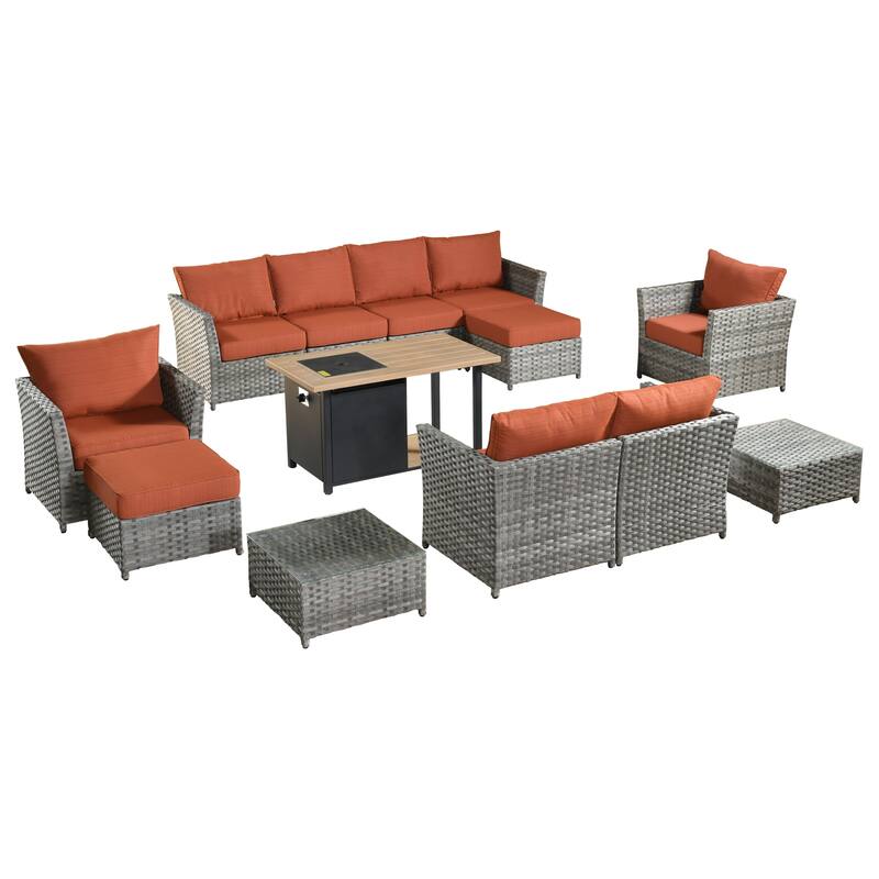 HOOOWOOO 13-piece Grey Wicker Rattan Patio Outdoor Sectional Set with Fire Pit