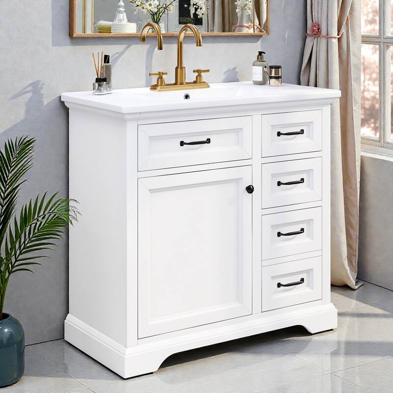 36" Bathroom Vanity with Ceramic Sink, 2 Tip-Out Drawers, Soft-Close Door Hinges, Freestanding MDF & Rubber Wood Cabinet - White
