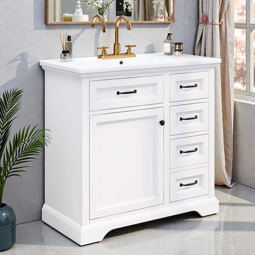 36" Bathroom Vanity with Ceramic Sink, 2 Tip-Out Drawers, Soft-Close Door Hinges, Freestanding MDF & Rubber Wood Cabinet