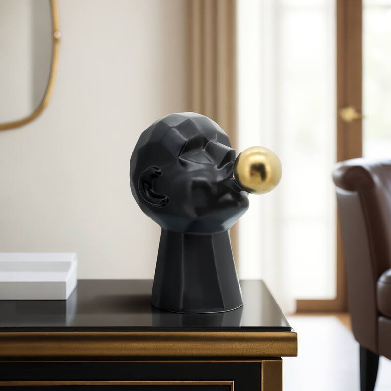 Sagebrook Home 12" Bubble Gum Man Sculpture Contemporary Art Deco Ceramic Statue Man Blowing Bubble Gum - 12" x 7" x 12" - Black