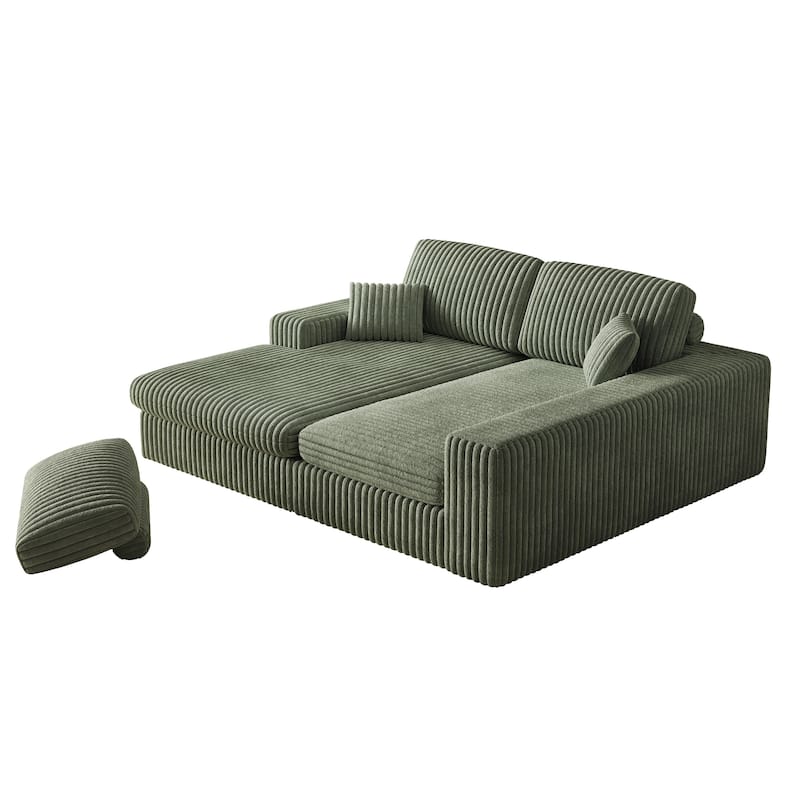 Corduroy Sleeper Sofa Bed L-shaped Sectional Sofa with Chaise, Living Room 2-in-1 Convertible Couch with Detachable Neck Pillows