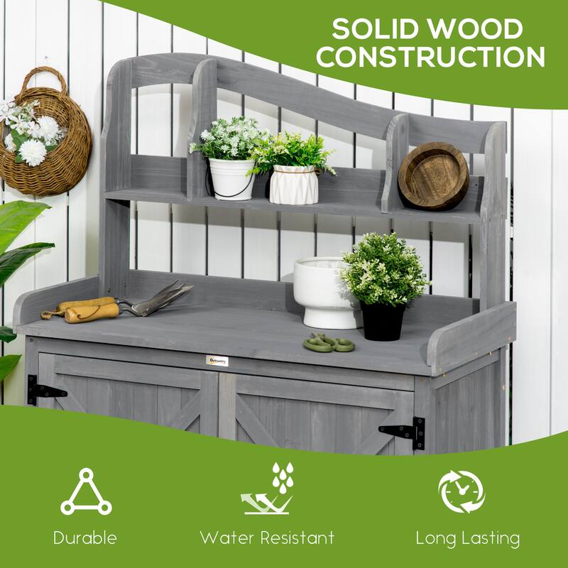 Outsunny Outdoor Potting Bench Table & Garden Storage Cabinet, Multi-function Gardening Bench, Wooden Planting Workstation