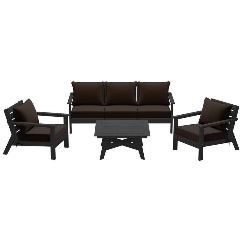 Birchwood All Weather HDPE Outdoor Patio Black Deep Seating Conversation Set (6-Piece Set)