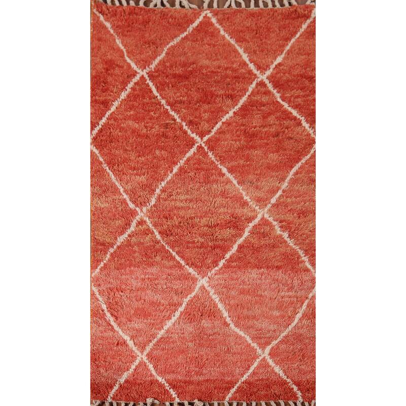 Orange Plush Trellis Moroccan Accent Rug Hand-Knotted Wool Carpet - 3'1" x 5'7"
