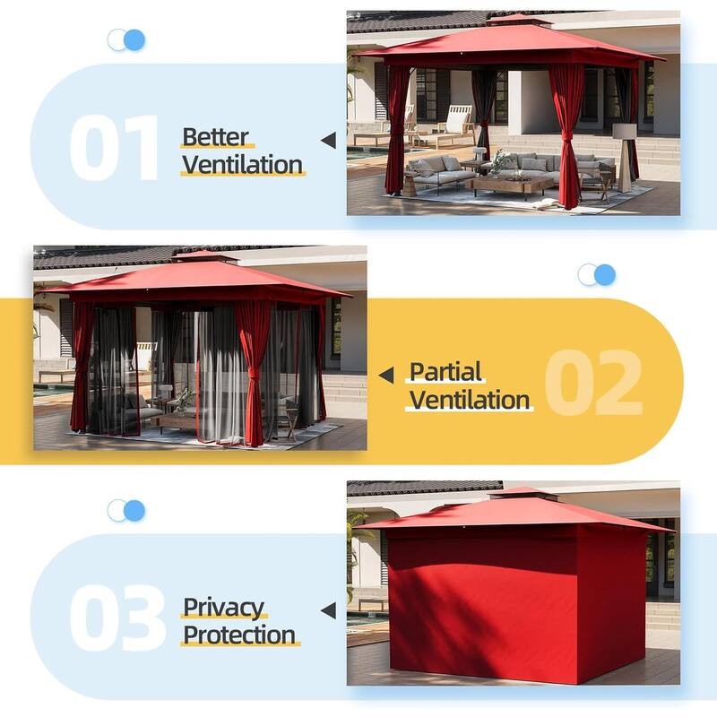 EROMMY Outdoor Gazebo with Double Roof, Heavy Duty Patio Canopy Tent with Netting and Curtains.