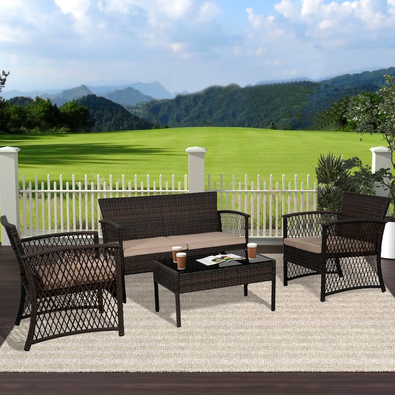 Madison Outdoor 4-Piece Rattan Patio Furniture Chat Set - Coffee/Beige