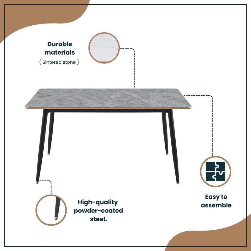 Zayle Mid-Century Modern Glass or Sintered Stone Rectangular Dining Table with Powder-Coated Steel Finish for Kitchen
