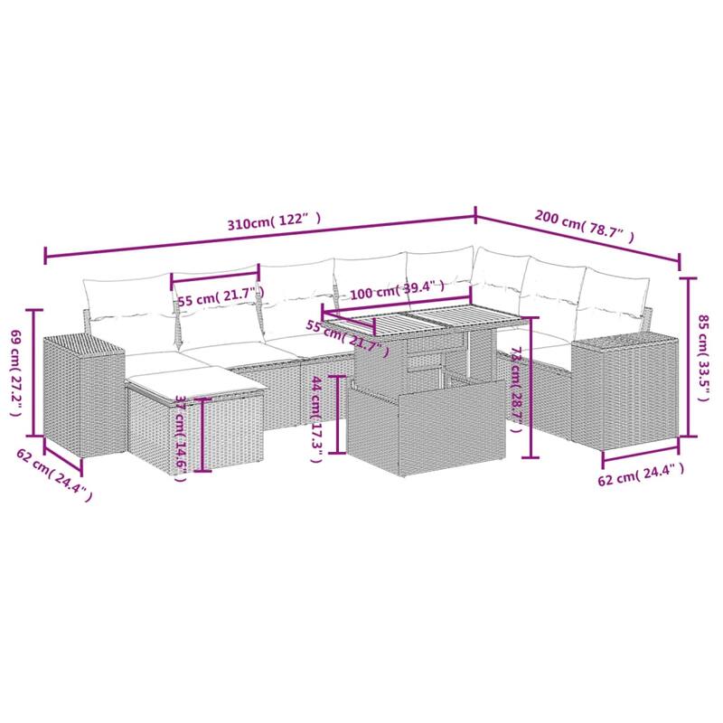vidaXL Patio Sofa Set with Cushions Outdoor Furniture 9 Piece Poly Rattan - 24.4 x 24.4 x 27.2