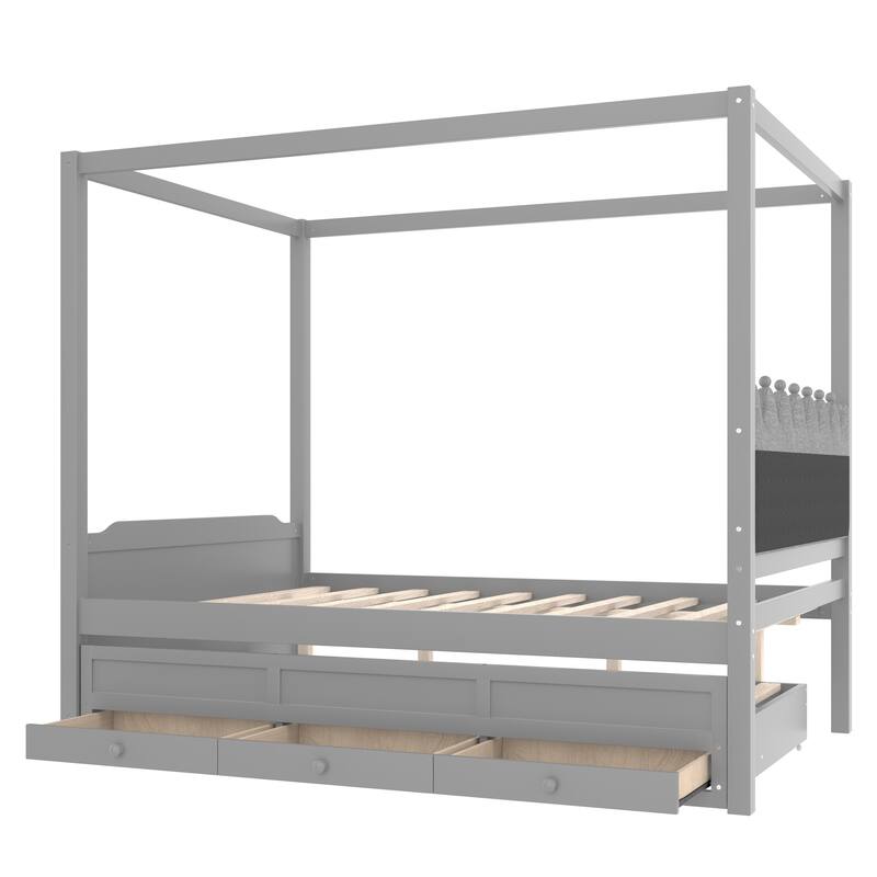 Princess Canopy Bed Upholstered Platform Bed withTrundle, Crown Headboard and 3 Underbed Storage Drawers for Kids