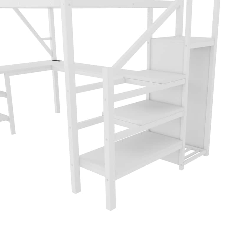 Metal Full Loft Bed with Wardrobe and LED Light, Full Size Loft Bed with L Shaped Desk and USB for Kids Teens Adults