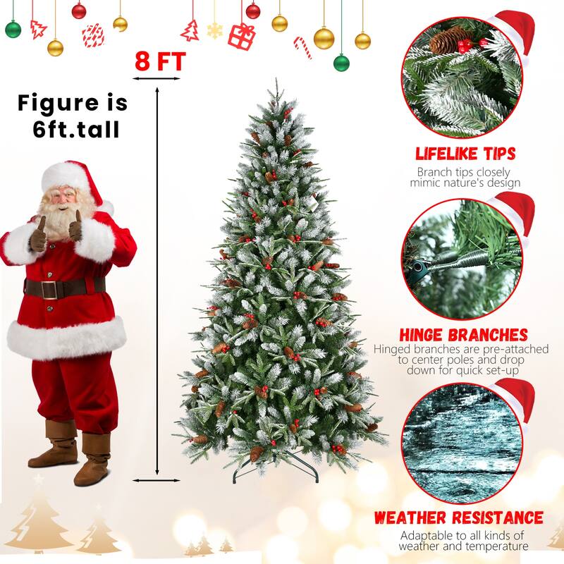 8FT Christmas Tree with 2850 Tips, Red Berries & Pine Cones - Snow-Dusted PE+PVC Branches, Hinged Design,Metal Stand