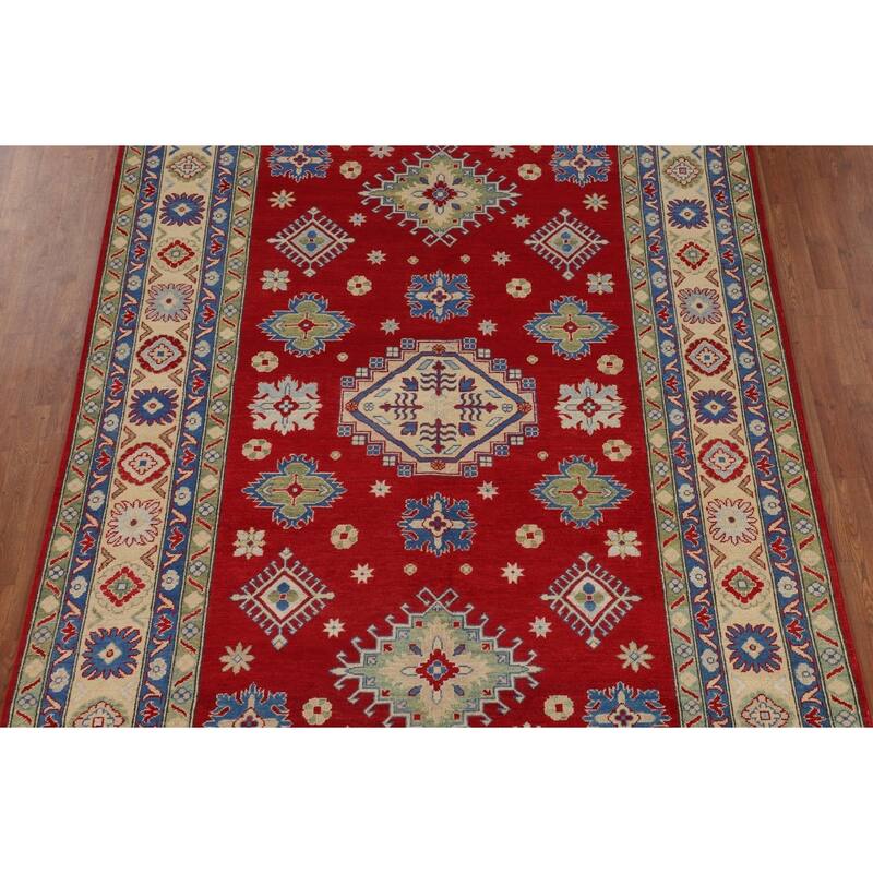 Geometric Red Kazak Oriental Area Rug Living Room Handmade Wool Carpet - 6'7" x 9'10"