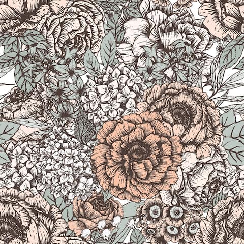 Retro Floral Peonies,Primrose Removable Wallpaper - 24'' inch x 10'ft