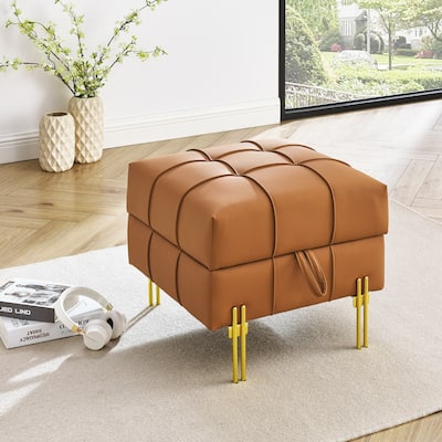 22 inches Anti-scratch Leather Storage Ottoman, Pet Friendly Entryway Bench with Golden Stainless Steel Legs, Orange
