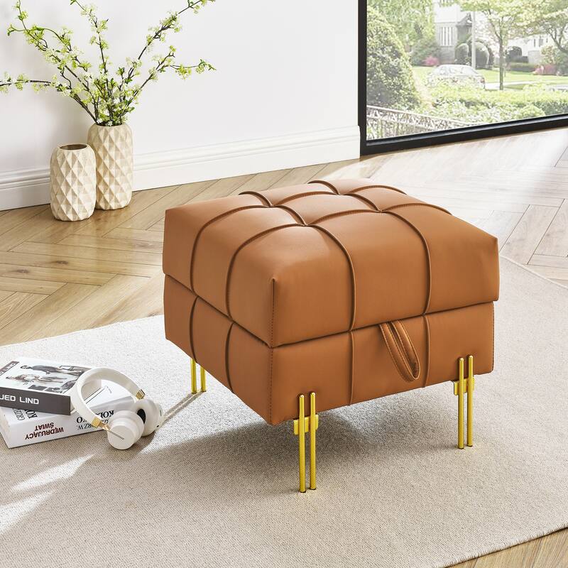 22 inches Anti-scratch Leather Storage Ottoman, Pet Friendly Entryway Bench with Golden Stainless Steel Legs - Orange