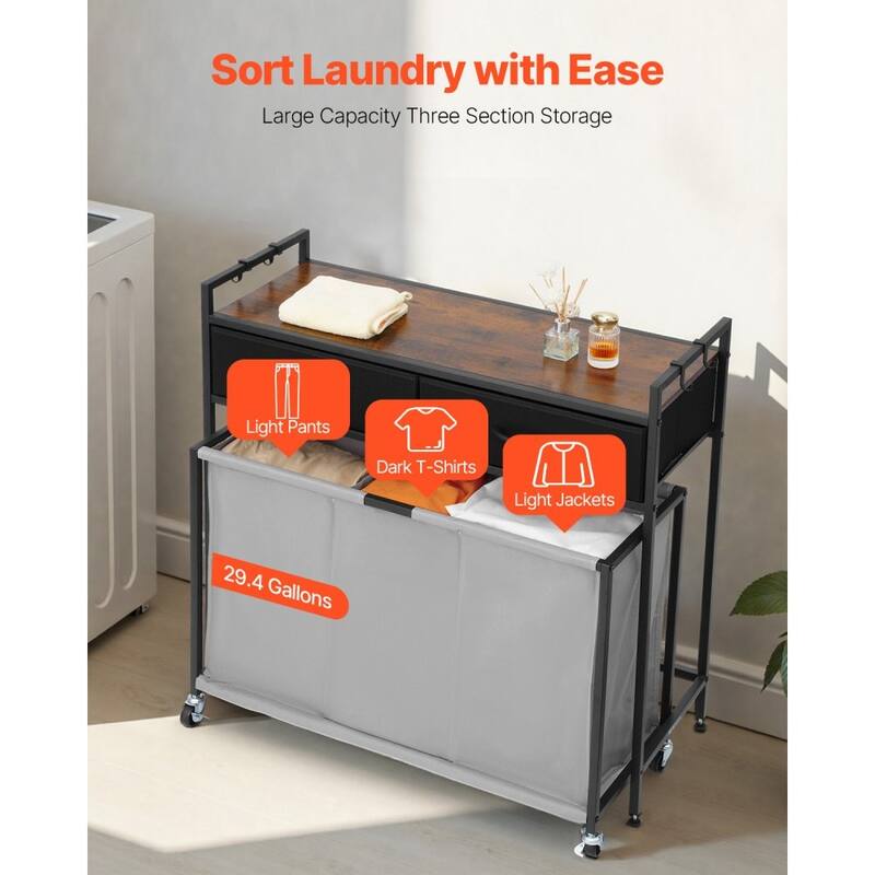 Black Laundry Hamper with 3 Removable Bags, 2 Drawers and Top Shelf for Bathroom or Bedroom - 32.68 x 12.60 x 31.89 in