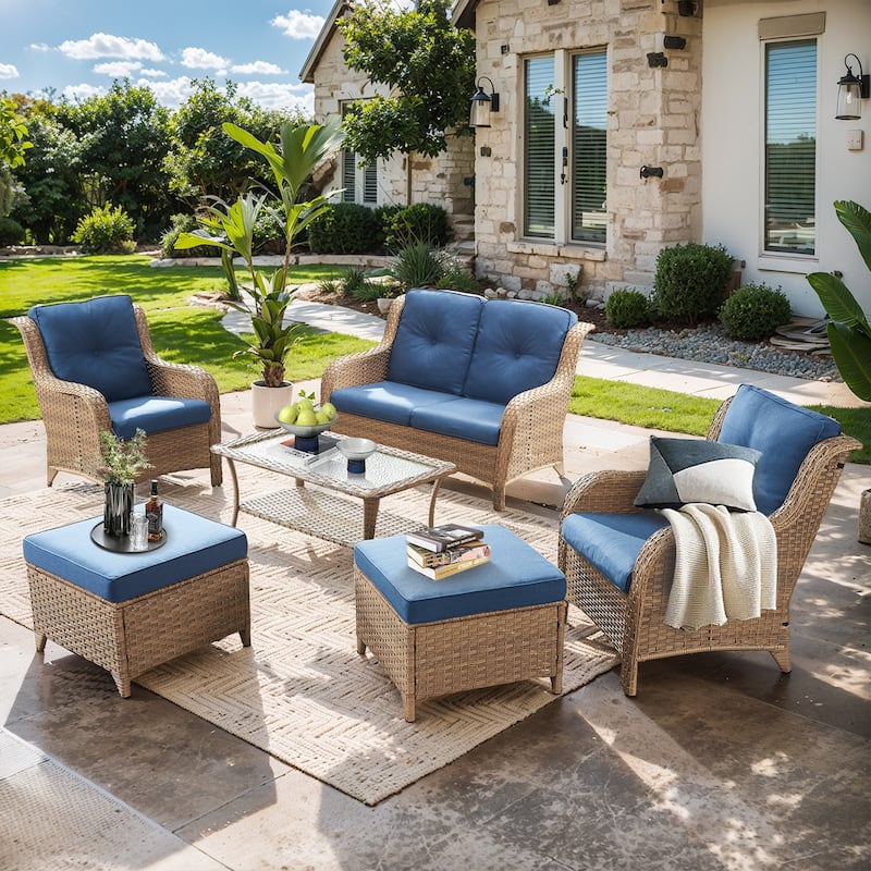 Pocassy 6 Pieces Outdoor 2-Seat Sofa Chairs Table Ottoman - Yelllow Wicker - Blue cushion