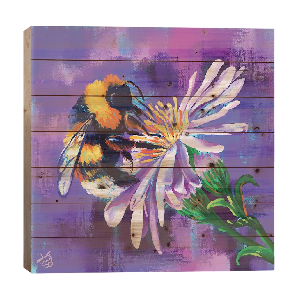 Bumblebee And Flower Print On Wood by Very Berry - Multi-Color