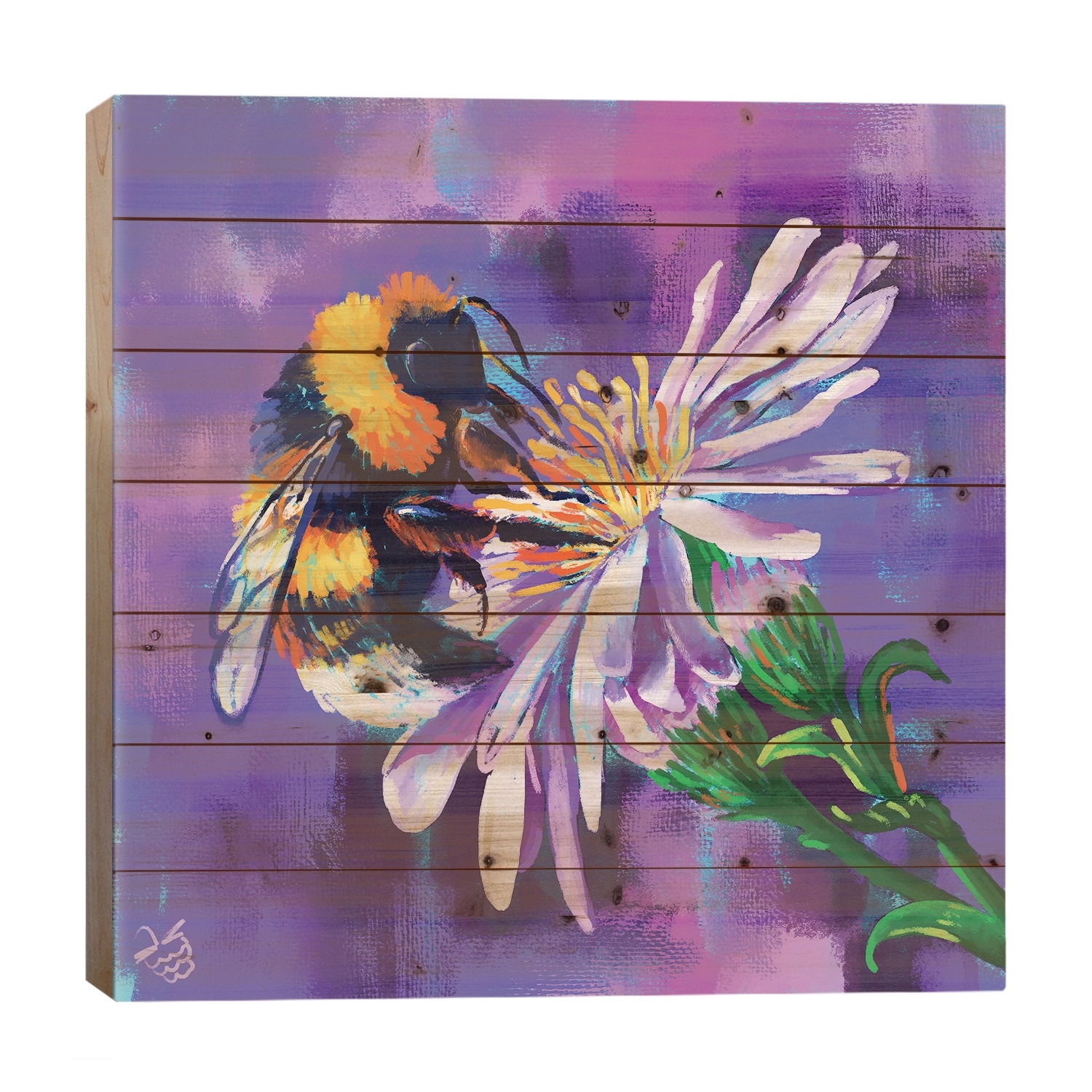 Bumblebee And Flower Print On Wood by Very Berry - Multi-Color