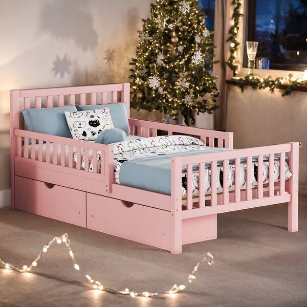 slide 2 of 12, Twin Size Wood Platform Bed with Guardrails,2 Storage Drawers Pink