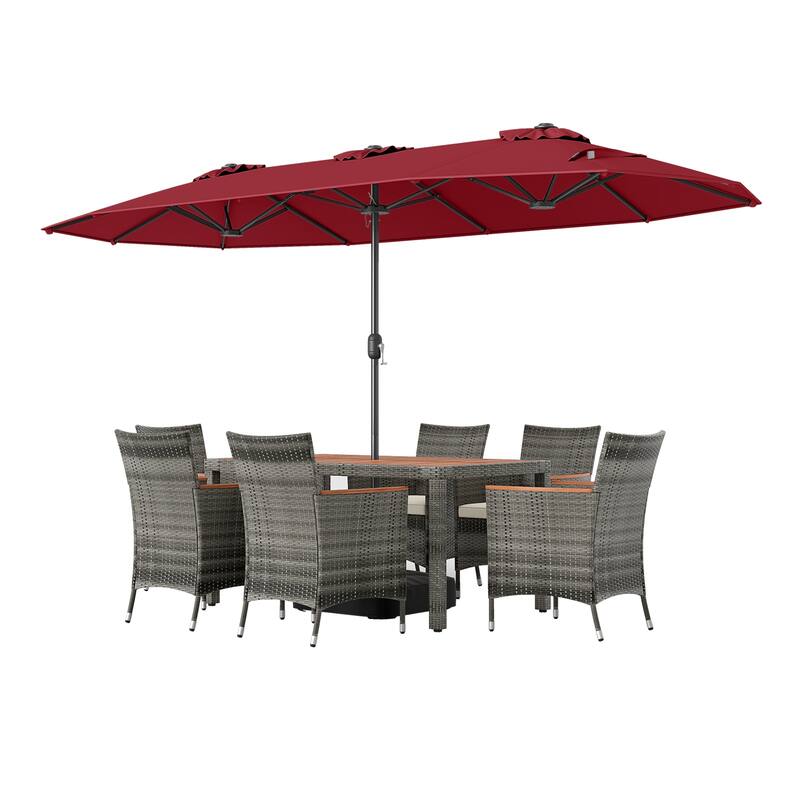 Gymax 8-Piece Patio Dining Set w/ Double-Sided Market Umbrella Acacia
